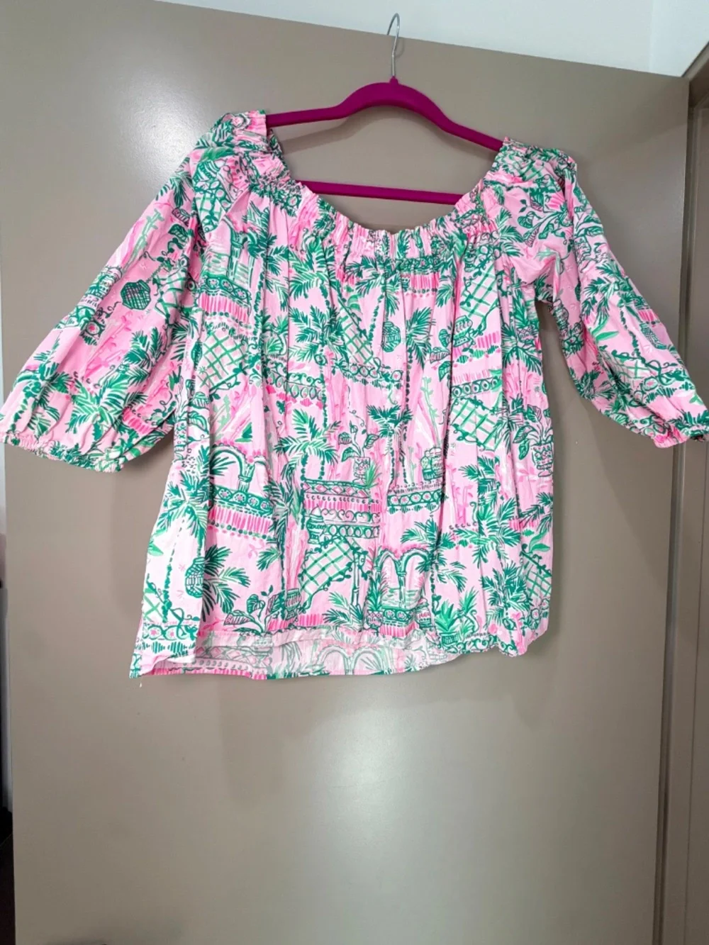Lilly Pulitzer Pink Green Palm Chinoiserie Top Size XL